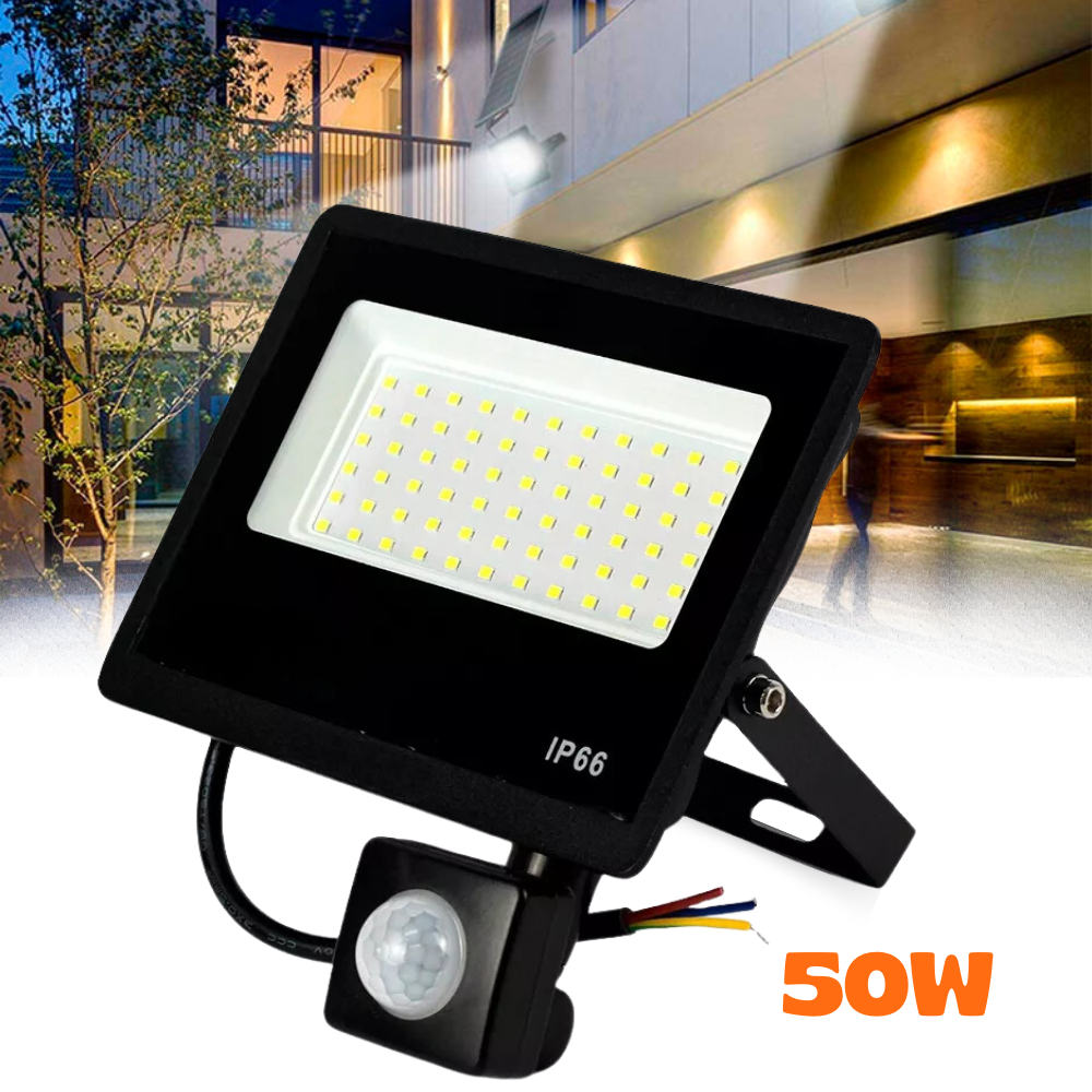 Refletor Led Com Sensor Holofote 50w 6500k Hitec Preto Bivolt IP66 Luz Branco Frio Prova D'Água Jardim Palco Evento