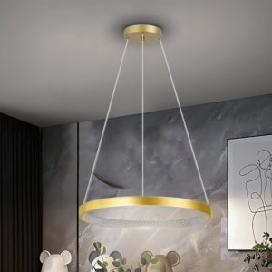 Lustre Pendente Luminária 1 Aro Anello Gold Dourado Led 22w 3k Bivolt Luxo Moderno Elegante Metal Teto Casa