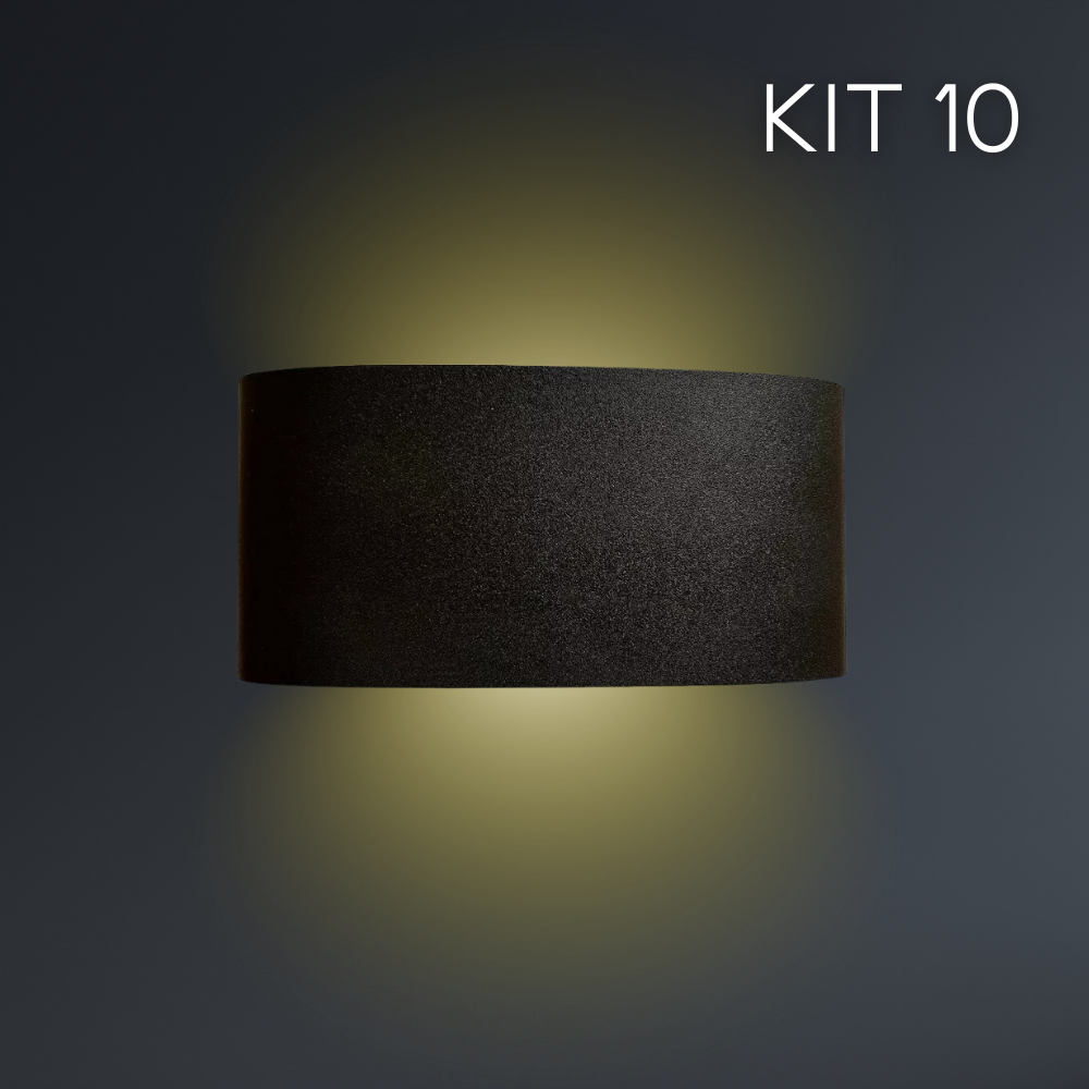 Kit 10 Luminárias LED Arandela 8W 3000K HITEC Preto 51 Bivolt Design Moderno Compacto Iluminação Externa Residencial