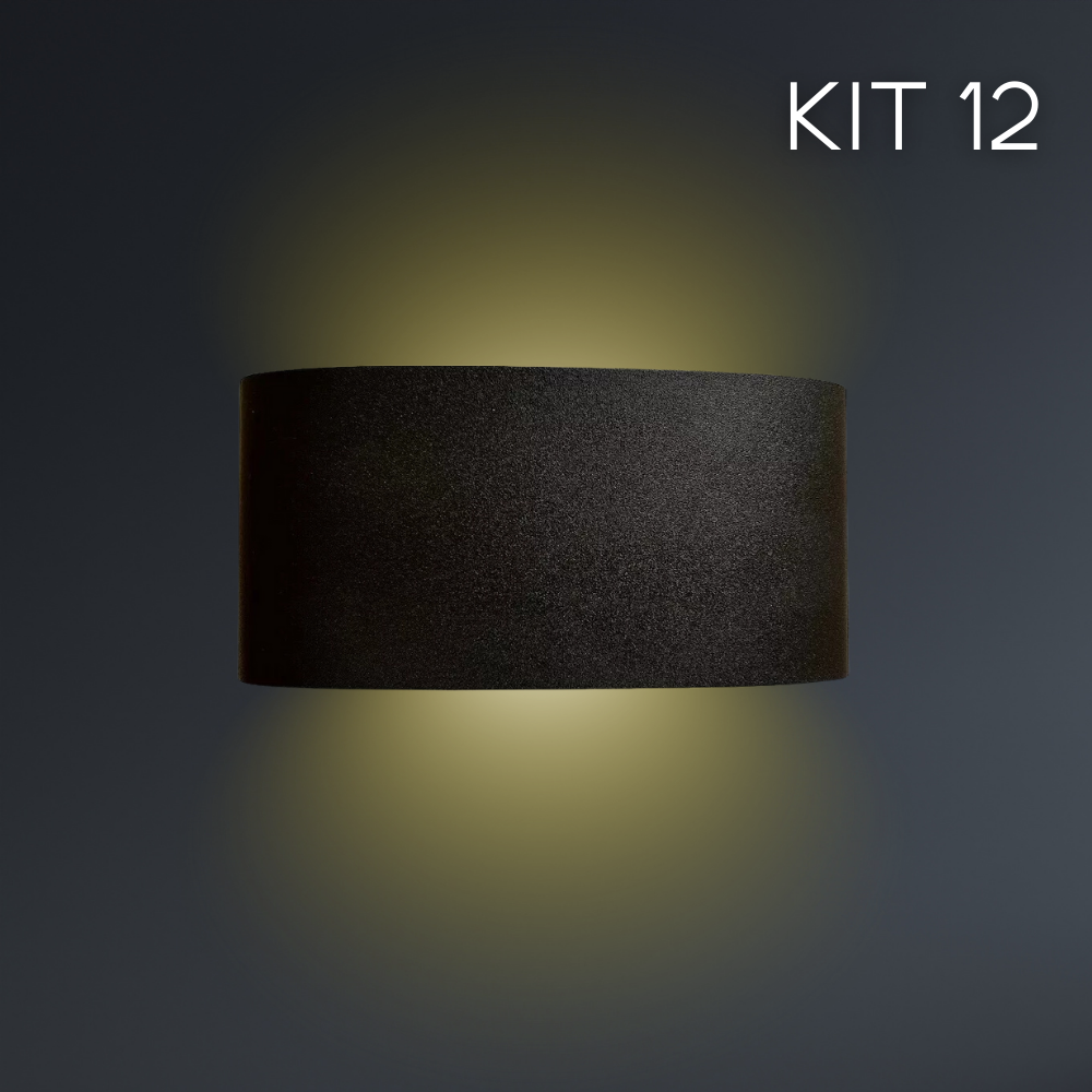 Kit 12 Luminárias LED Arandela 8W 3000K HITEC Preto 51 Bivolt Design Moderno Compacto Iluminação Externa Residencial