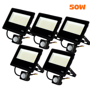 Kit 5 Refletores De Led Com Sensor Holofote 50w 6500k Hitec Preto Bivolt Luz Branco Frio Prova D'Água Jardim Varanda Pal
