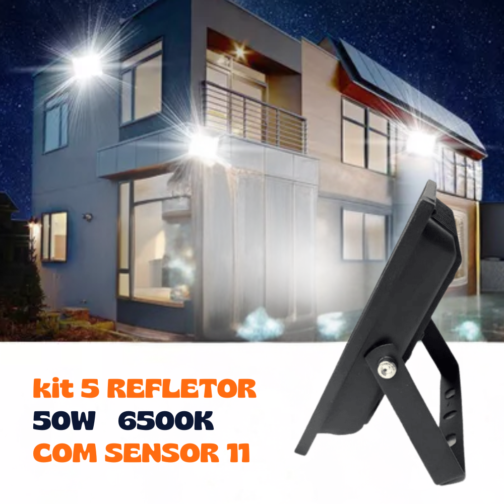 Kit 5 Refletores De Led Com Sensor Holofote 50w 6500k Hitec Preto Bivolt Luz Branco Frio Prova D'Água Jardim Varanda Pal - Image 3