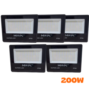 Kit 5 Refletores De LED 200W 6500K HITEC Preto Alta Potência Bivolt Design Resistente Iluminação Exterior Residenciais