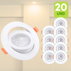 Kit 20 Spots De Led Embutir Redondo Hitec Bivolt Direcionável 5W 3000K Ou 6500K Iluminação Quartos Casas Comércios