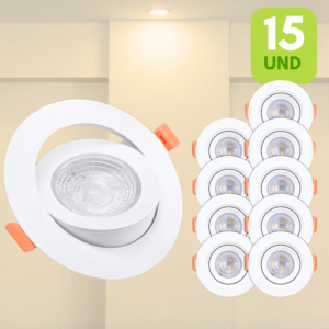 Kit 15 Spots De Led Embutir Redondo Hitec Bivolt Direcionável 5W 3000K Ou 6500K Iluminação Quartos Casas Comércios