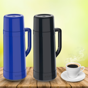 Garrafa Térmica Topazio 1L Azul Preta Soprano Rosca Conserva Água Quente Café Chá Leite Roça Camping Acampamento